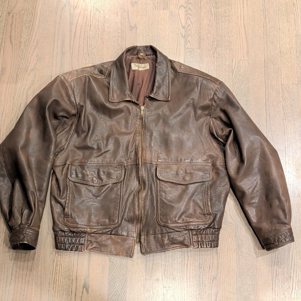 Vintage Philippe Monet Brown Leather Bomber Jacket Sz 42 Flight A-2 Distressed